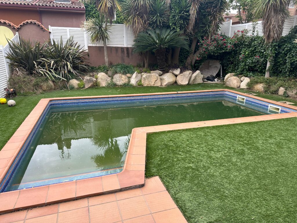 Piscina de Barcelona en su estado inicial, con agua verdosa y juntas deterioradas.